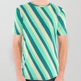 [ Thumbnail: Aquamarine, Teal & Light Yellow Colored Stripes/Lines Pattern All Over Graphic Tee ]