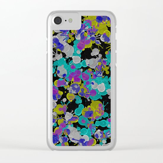 Dark Splatter - Abstract, paint splatter pattern in black, cyan, yellow, white and green Clear iPhone Case