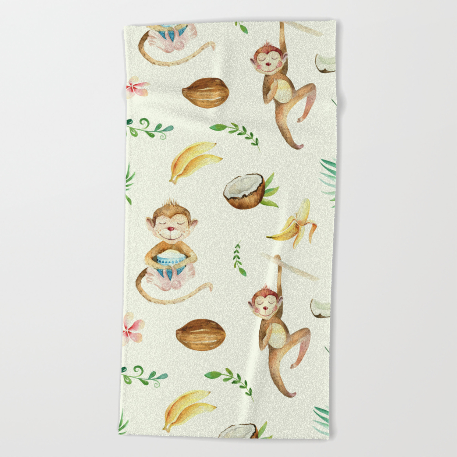 Tropical Hand Painted Floral Monkeys Coconut Pattern Beach Towel