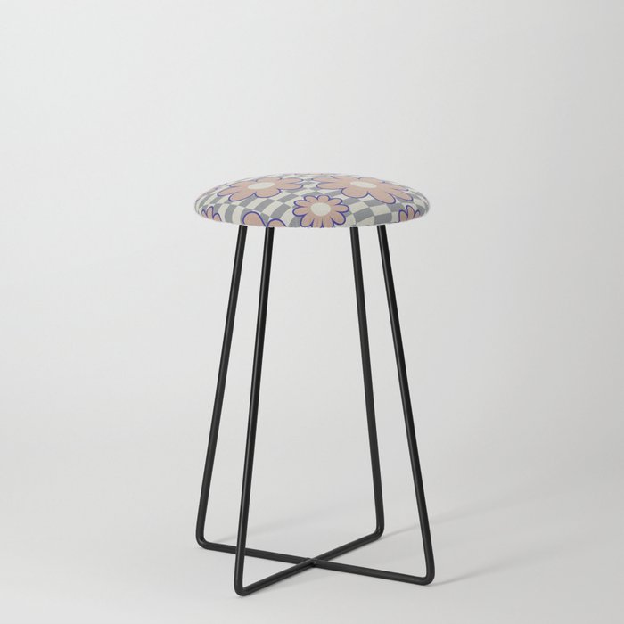 Simple Retro Flowers on Alternative Checkerboard (Muted Neutral Colors) Counter Stool
