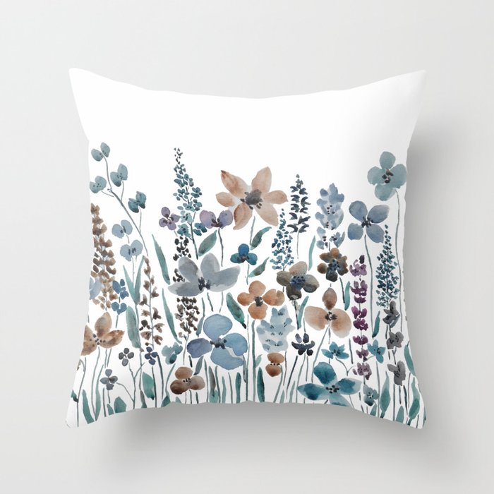 watercolor blue brown wildflower field  Throw Pillow
