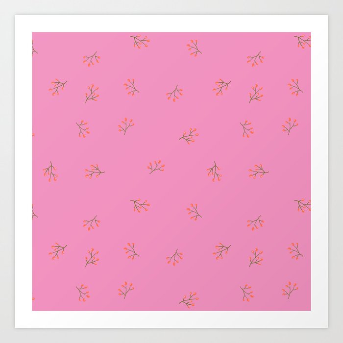 Branches With Red Berries Seamless Pattern on Pink Background Art Print