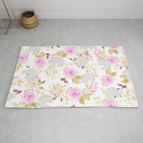 Modern Pink Gray Watercolor Hand Painted Fl Elephant Rug By