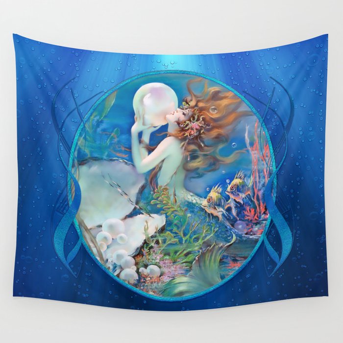 Sensual Art Deco Pearl Mermaid Wall Tapestry by Vintage Era Art Society6