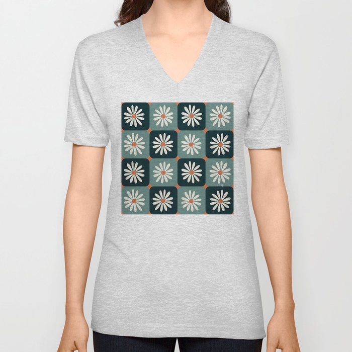 Checkered Daisies – Teal & Mint V Neck T Shirt