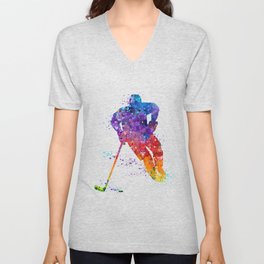 Boy Ice Hockey Colorful Watercolor Artwork V Neck T Shirt
