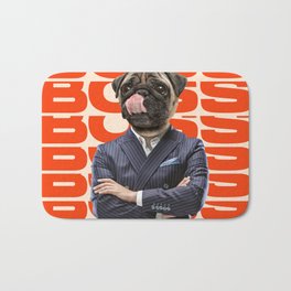 Boss headed by dog head standing with hands crossed. Modern design. Contemporary art. Creative conceptual and colorful collage. Office worker lifestyle concept. Bath Mat | Crazy, Art, Pop, Urban, Vintage, Business, Background, Exclusive, Amazing, Collage 