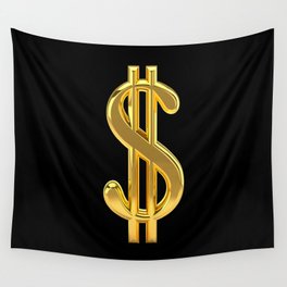 Gold Dollar Sign Black Background Wall Tapestry