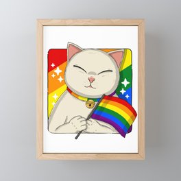 Cute Cat Holding LGBTQ Pride Flag Framed Mini Art Print
