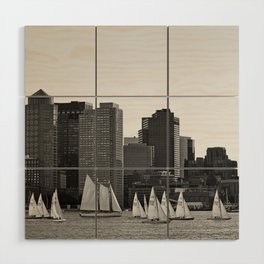 Boats Sailing by the Boston Skyline from PIers Park East Boston Massachusetts Black and White Wood Wall Art
