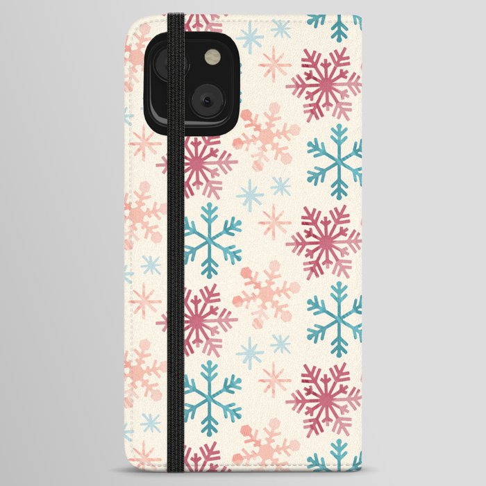 Christmas Pattern Watercolor Snowflake Pink Blue iPhone Wallet Case