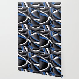 Eighties Medium Blue White Grey Line Curve Pattern On Black Wallpaper