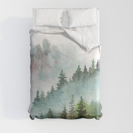 Watercolor Pine Forest Mountains in the Fog Comforter