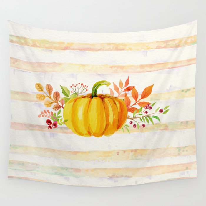 Pumpkin in Watercolor with Striped Background Wall Tapestry