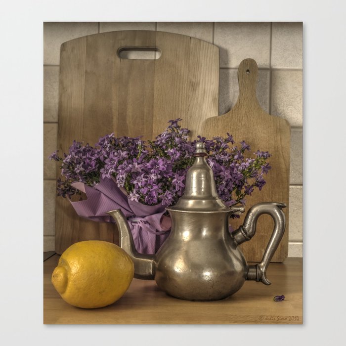 Still Life with Purple Flowers, Ancient Ketlle & Citron Canvas Print