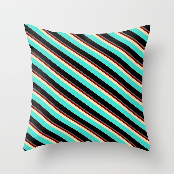 Colorful Dim Gray, Maroon, Tan, Turquoise & Black Colored Stripes/Lines Pattern Throw Pillow