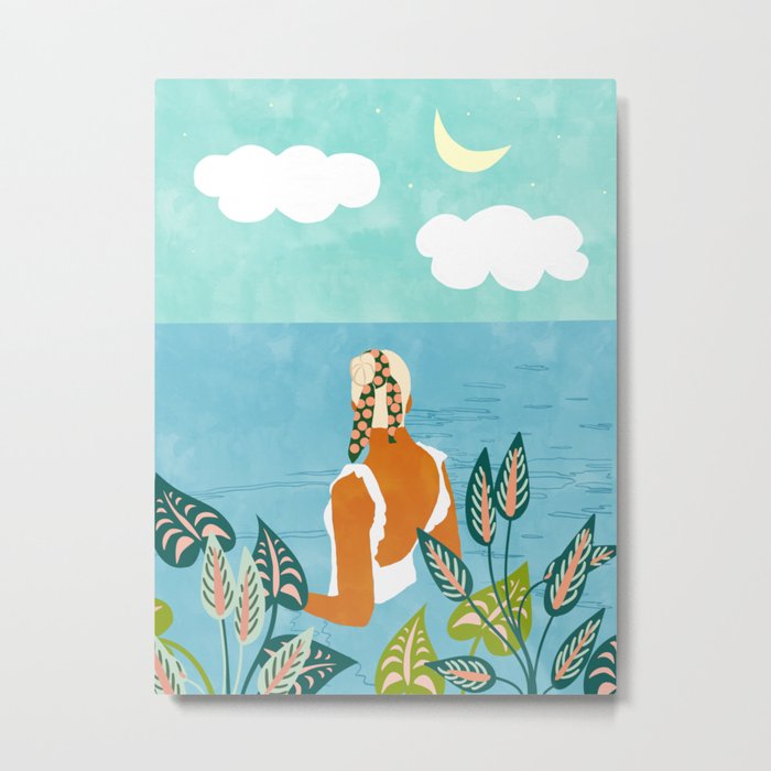 The Pursuit Of Happiness, Woman Ocean Travel Swim Illustration, Bohemian Fashion Tropical Metal Print