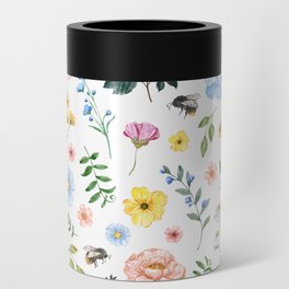 Watercolor wildflowers meadow art painting pastel blue pink yellow flowers floral illustration Can Cooler