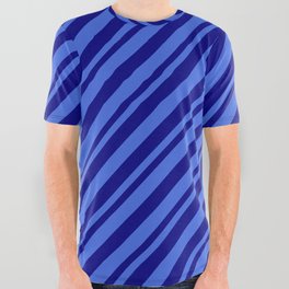 [ Thumbnail: Royal Blue & Blue Colored Lined/Striped Pattern All Over Graphic Tee ]