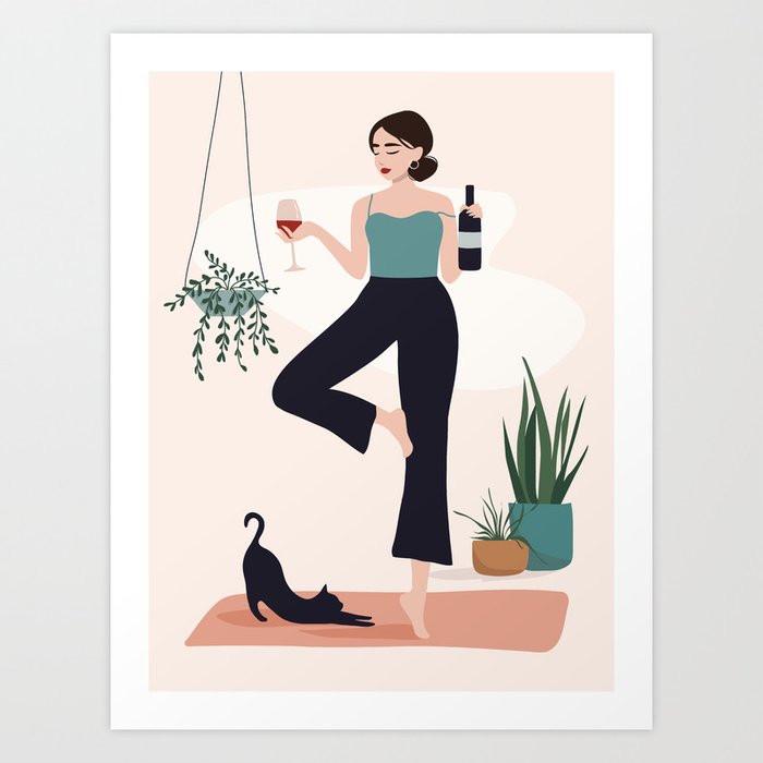 Funny yoga art, Yoga with cat, Wine lover, Woman doing yoga and drinking  wine, Funny art Art Print by Kristinity Art