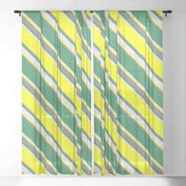 [ Thumbnail: Yellow, Gray, Sea Green, and Lavender Colored Striped Pattern Sheer Curtain ]