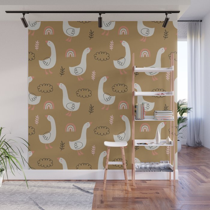 Spring Hand Drawn Cute Goose On Gold Brown Wall Mural