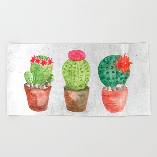Three Cacti watercolor white Beach Towel