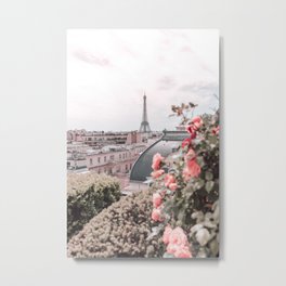 Paris France Eiffel Tower Pink Flowers Photography Metal Print