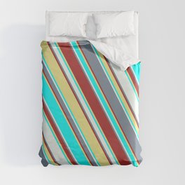 [ Thumbnail: Light Slate Gray, Brown, Tan, Aqua, and Mint Cream Colored Lined Pattern Duvet Cover ]