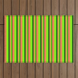 [ Thumbnail: Dark Green, Chartreuse & Coral Colored Lined/Striped Pattern Outdoor Rug ]