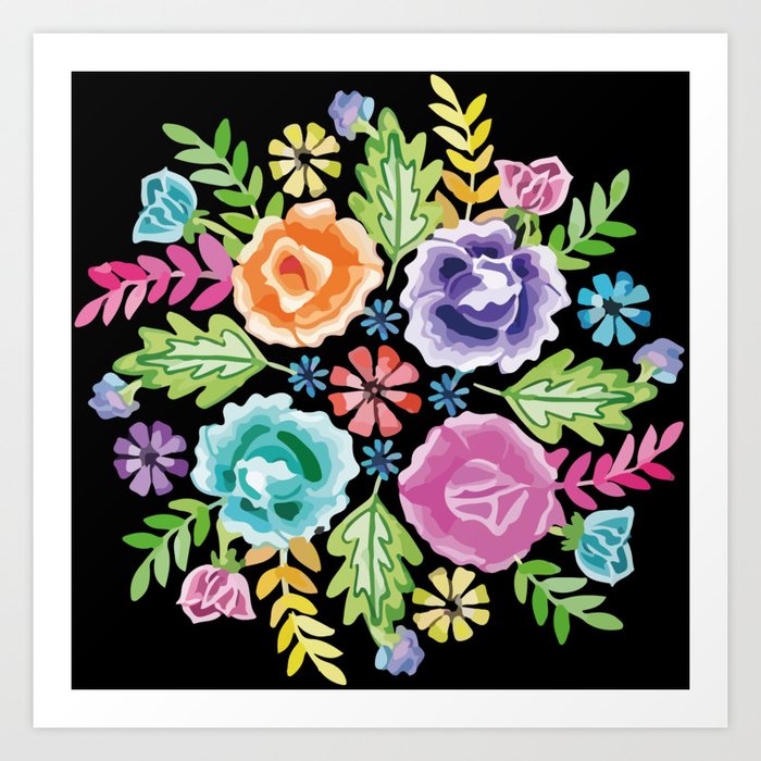 Mexican flower bouquet oaxaca tehuana colorful embroidery Art Print