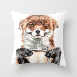 " Morning fox " Red fox with her morning coffee Throw Pillow