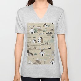 Seamless colorful pattern with house, trees, horses, mills and hills. Nordic nature landscape concept. Seamless landscape.  V Neck T Shirt