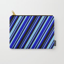 [ Thumbnail: Light Sky Blue, Blue & Black Colored Stripes/Lines Pattern Carry-All Pouch ]