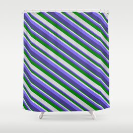 [ Thumbnail: Green, Light Gray, Medium Slate Blue, and Dark Slate Blue Colored Striped Pattern Shower Curtain ]