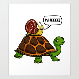 Snail Riding Turtle Animals Race Art Print