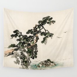 Tree on a Cliff Traditional Japanese Landscape Wall Tapestry