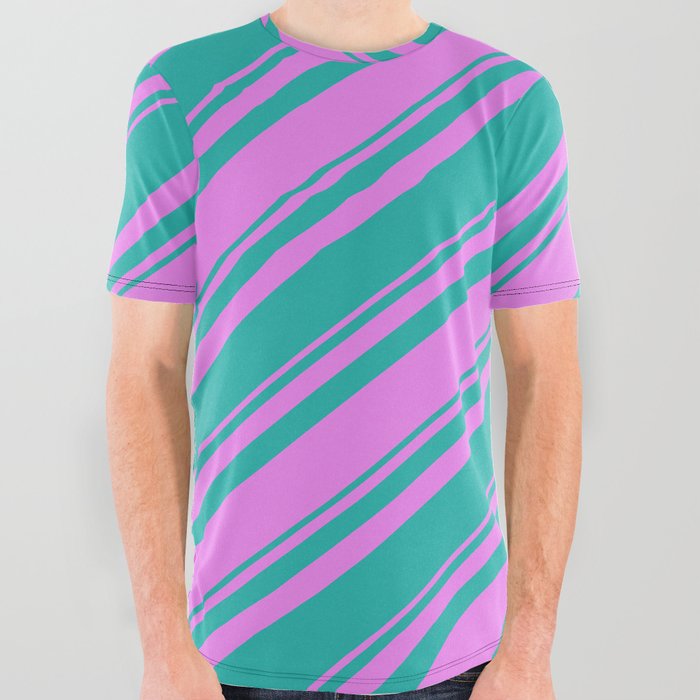 Violet and Light Sea Green Colored Stripes/Lines Pattern All Over Graphic Tee