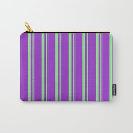 [ Thumbnail: Light Green & Dark Orchid Colored Stripes/Lines Pattern Carry-All Pouch ]