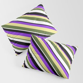 [ Thumbnail: Vibrant Purple, Tan, Dark Olive Green, White & Black Colored Lined/Striped Pattern Pillow Sham ]