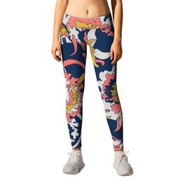 Bold Chinoiserie Floral - Limited Color Palette 2019 Leggings | Preppy, Curated, Chinoiserie, Teal, Roses, Graphicdesign, Neoncoral, Flowers, Botanical, Darkgreen 