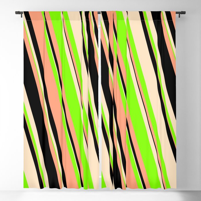 Light Salmon, Black, Bisque & Chartreuse Colored Striped/Lined Pattern Blackout Curtain