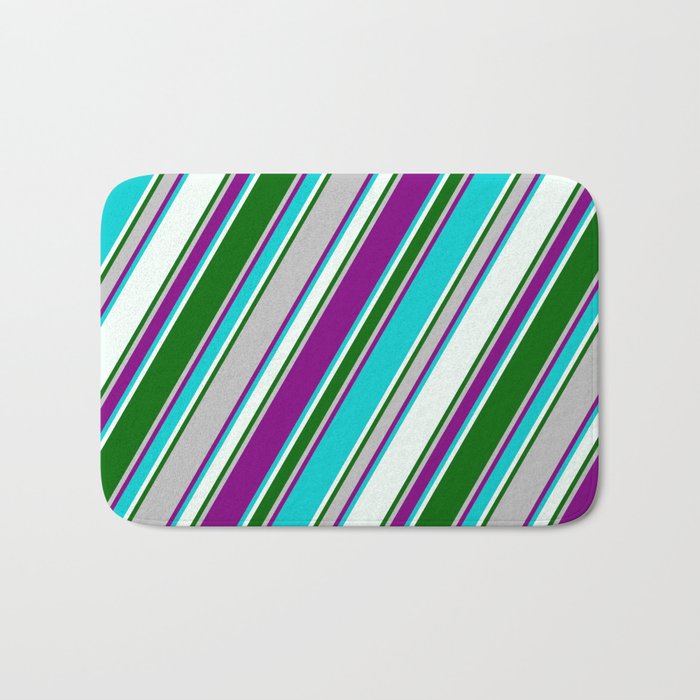 Colorful Grey, Purple, Dark Turquoise, Mint Cream & Dark Green Colored Pattern of Stripes Bath Mat