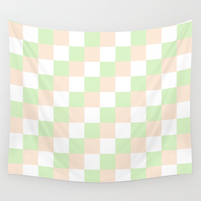 Checkerboard Checkered Checked Check Chessboard Pattern in Green Beige and White Color Wall Tapestry
