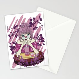 Bubble Tea Drinking Anime Girl Stationery Card