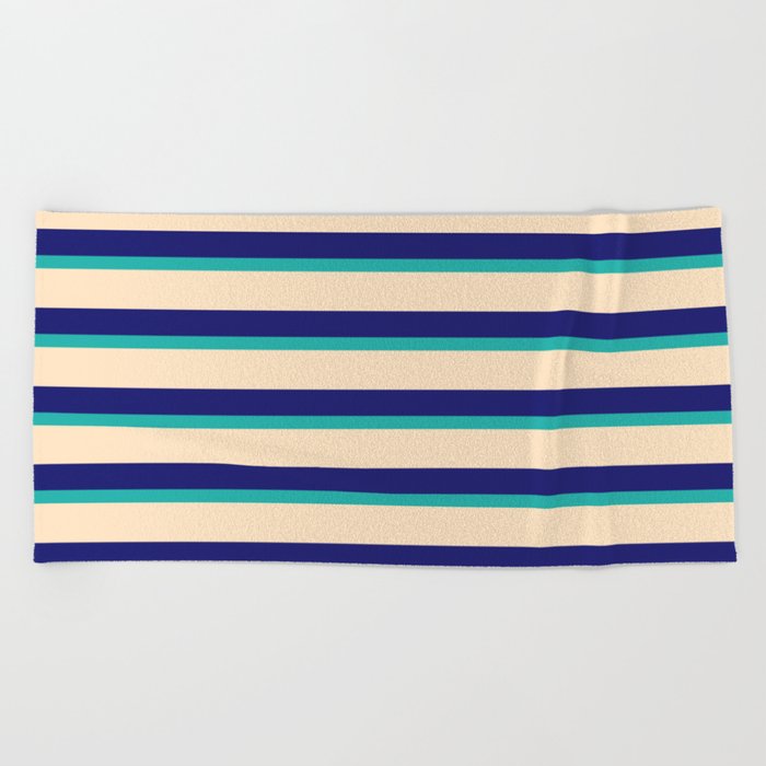 Light Sea Green, Bisque, and Midnight Blue Colored Striped Pattern Beach Towel