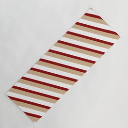 [ Thumbnail: Dark Red, Tan, and White Colored Stripes Pattern Yoga Mat ]