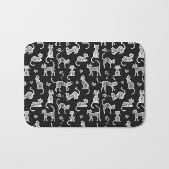 Teacher's Pet - chalk board cat pattern - white on black Bath Mat