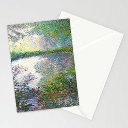 The Pond at Montgeron; autumn leaves mirrored reflection in pond landscape nature painting by Claude Monet Stationery Card