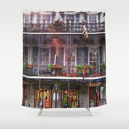 Sunny New Orleans French Quarter Nola Home with Iconic Blue Gray Architecture and Botanical Greenery Shower Curtain